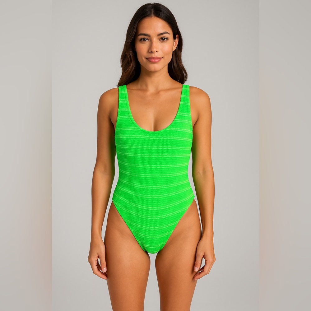 Billabong Hightide Neon Green Stripe One Piece Swimsuit Size XS